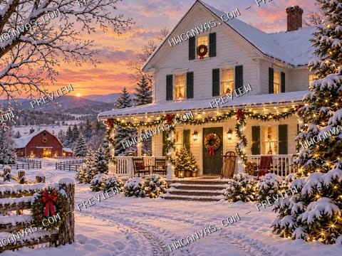 The Christmas Farmhouse mounted canvas preview
