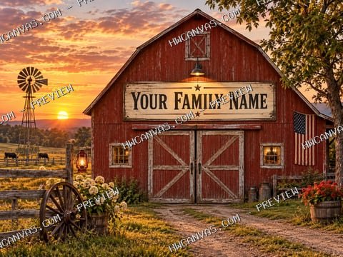 Family Barn at Sunset mounted canvas preview
