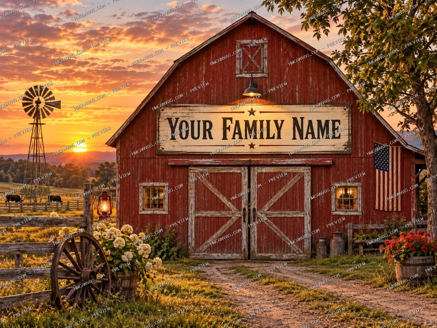 Personalize Family Barn at Sunset with your family name