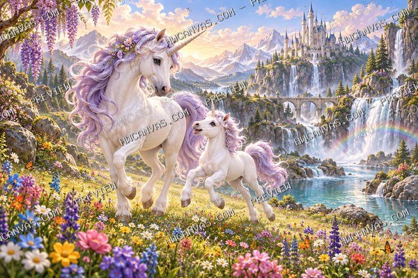 Unicorn Dreams · Rainbow Meadow mounted canvas preview