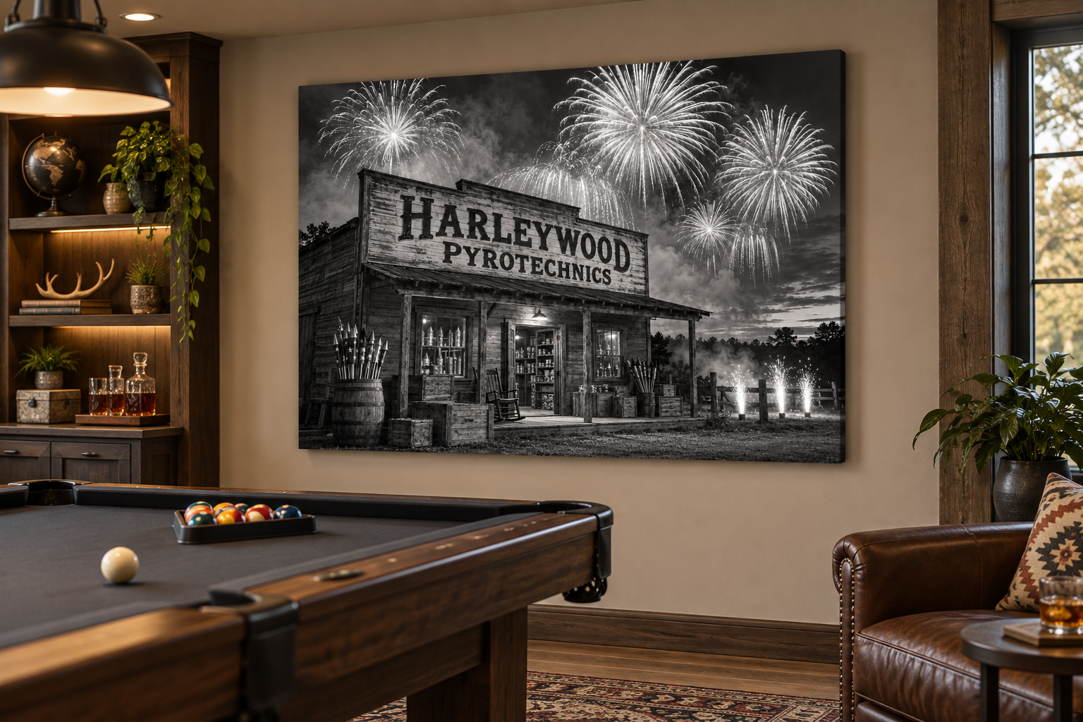 Harleywood Fireworks Store canvas in a game room