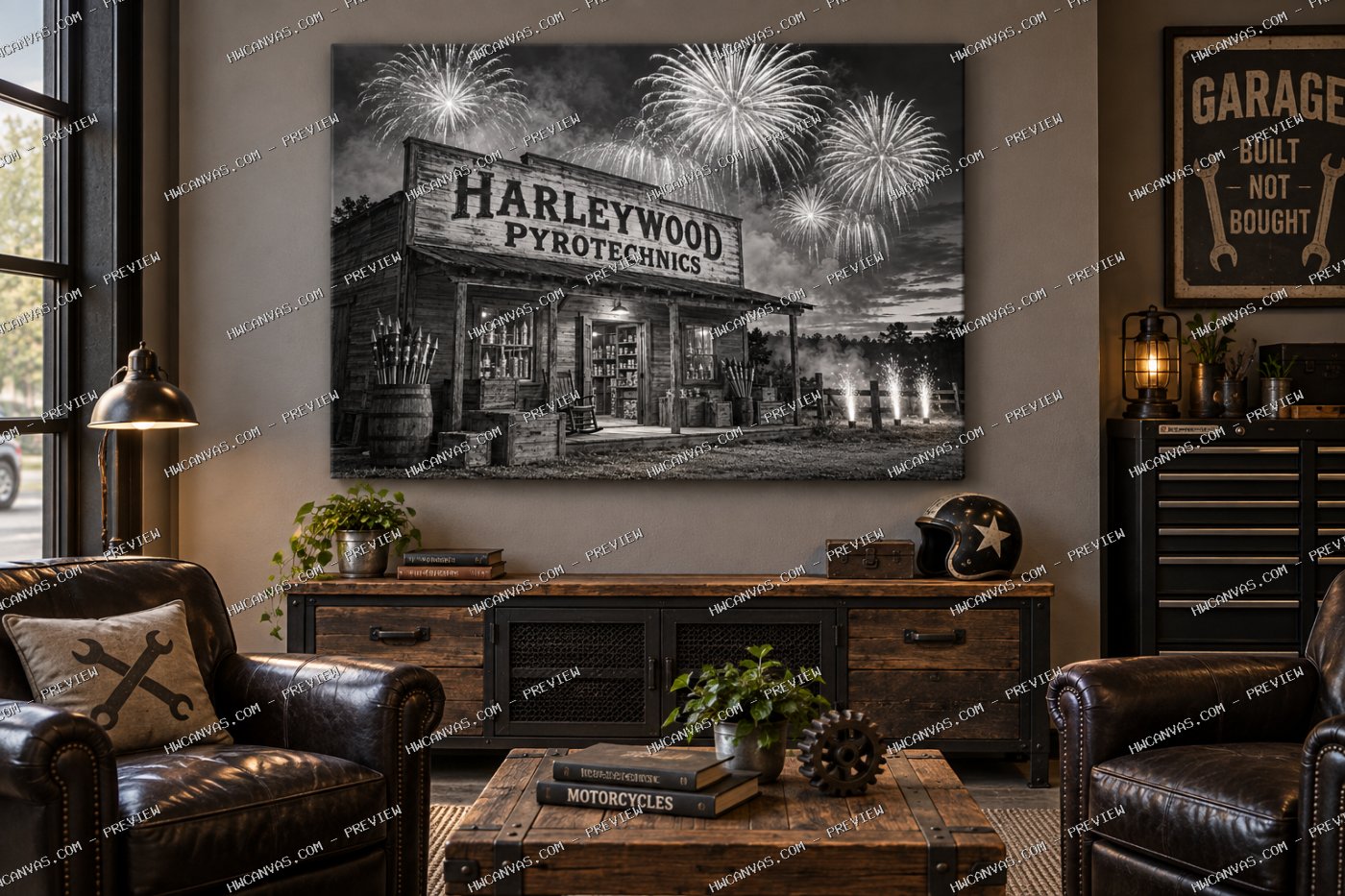 Harleywood Fireworks Store canvas in a garage lounge