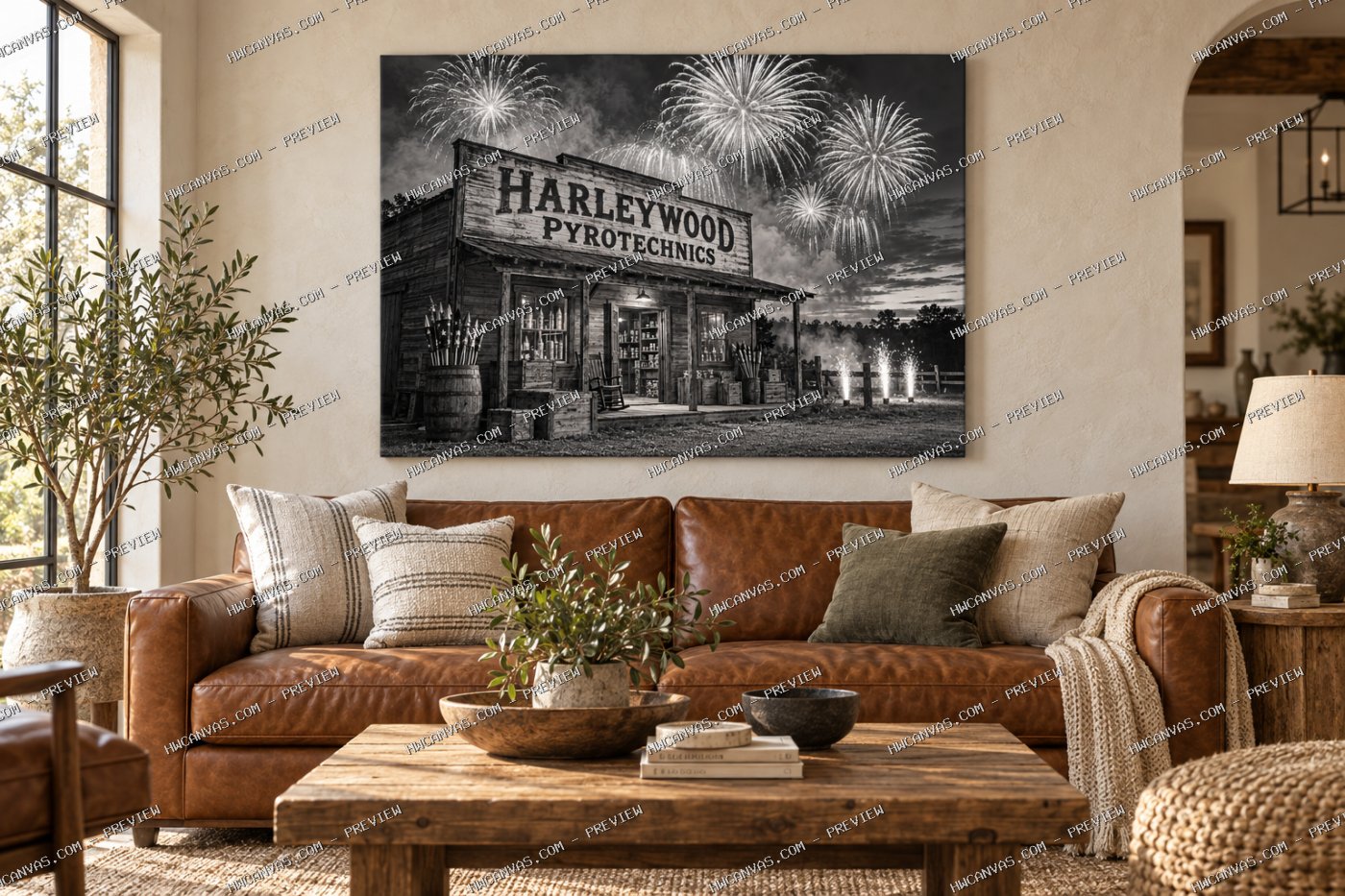 Harleywood Fireworks Store canvas in a rustic living room