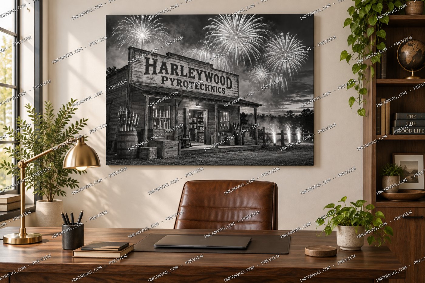Harleywood Fireworks Store canvas in a home office