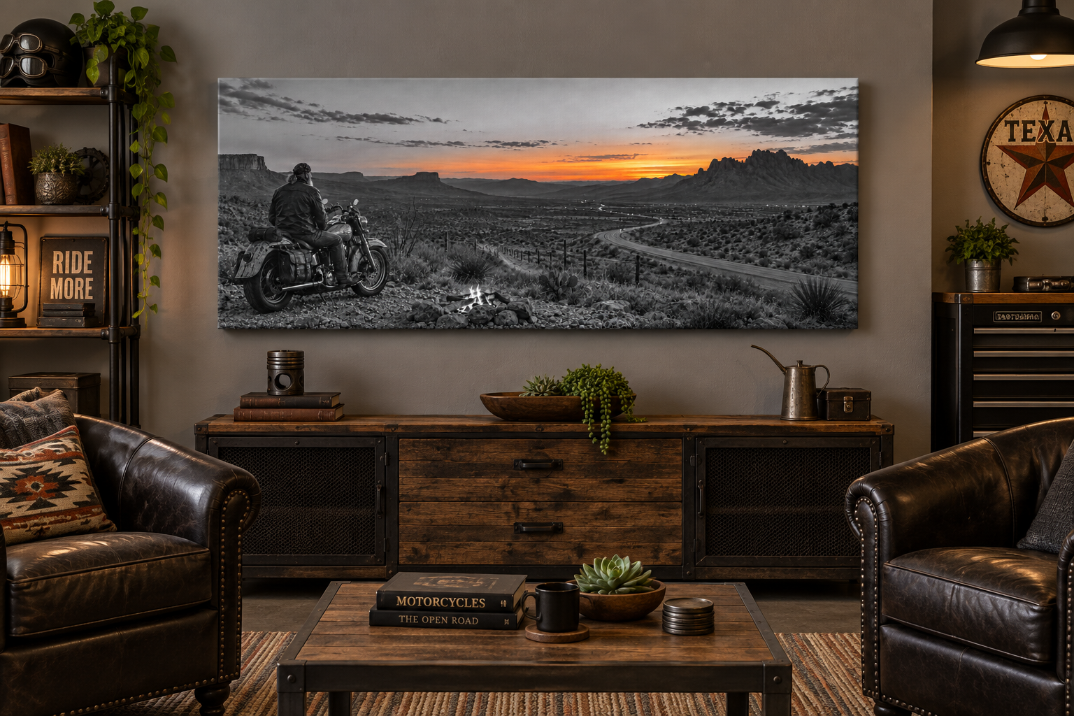 Lone Biker · West Texas canvas in a garage lounge