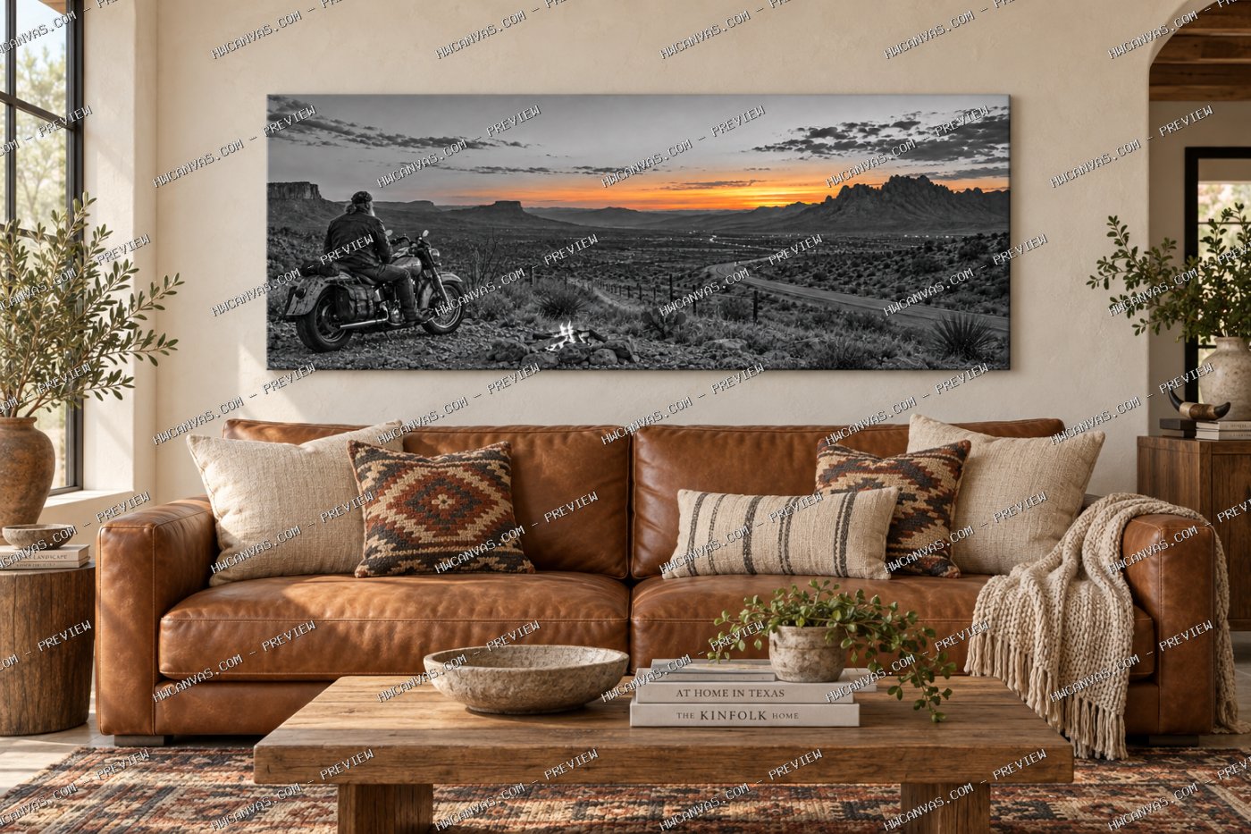 Lone Biker · West Texas canvas in a rustic living room