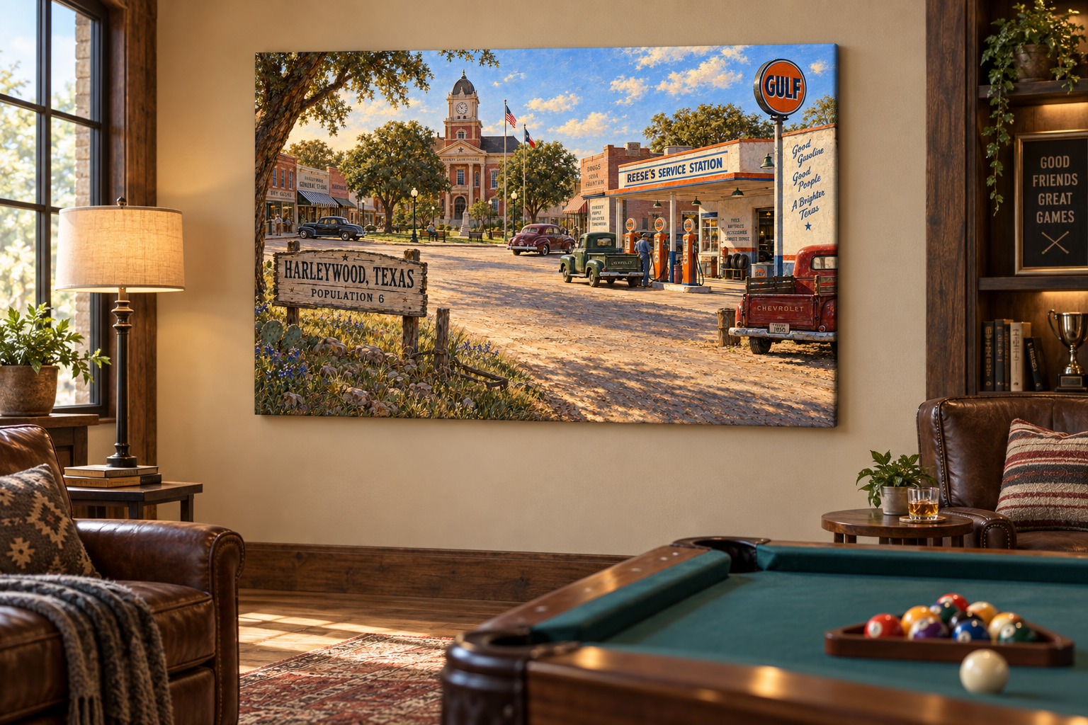 Population Six Service Station canvas in a game room