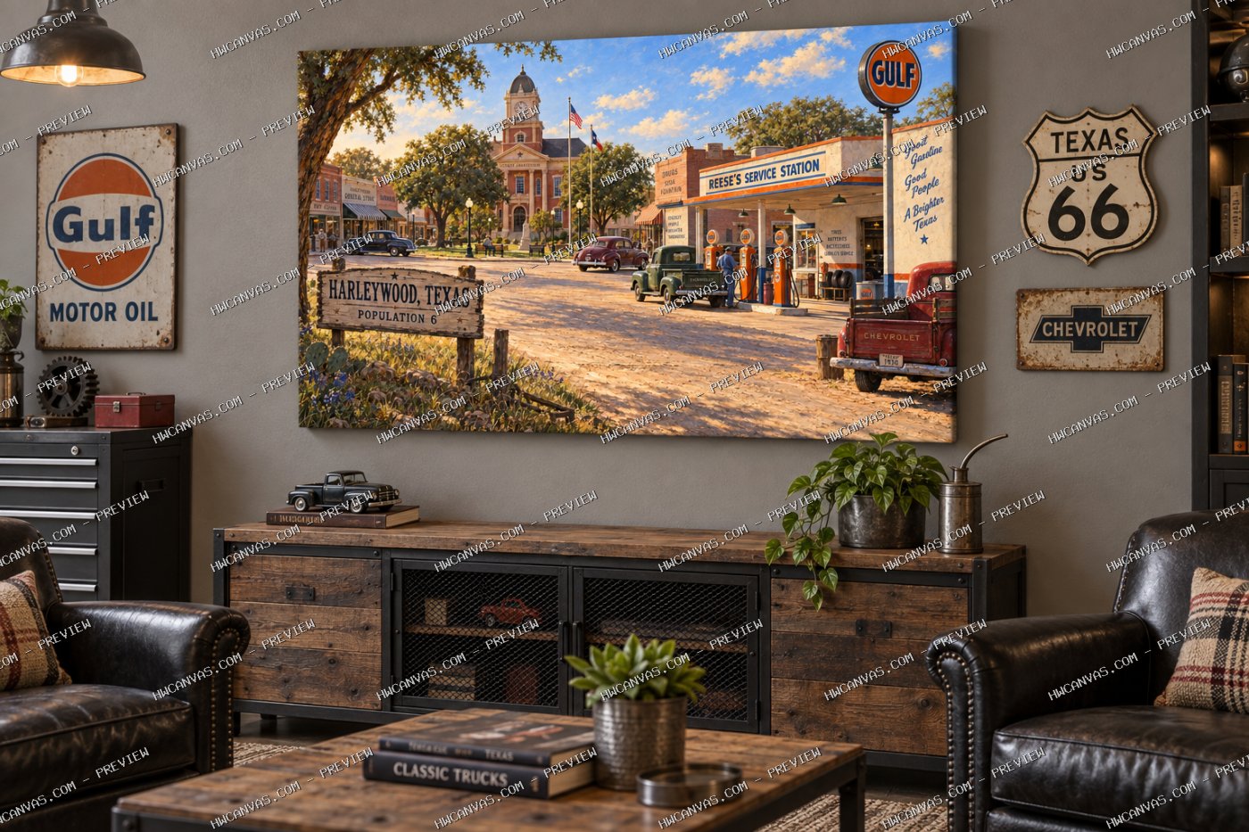 Population Six Service Station canvas in a garage lounge
