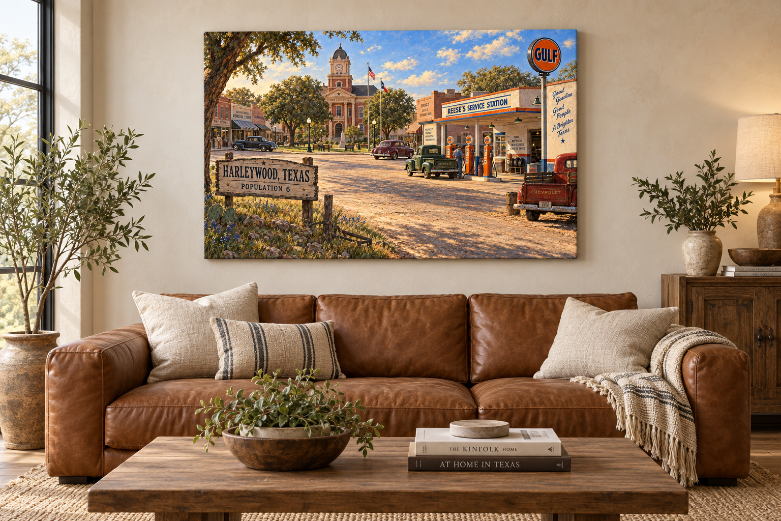 Population Six Service Station canvas in a rustic living room