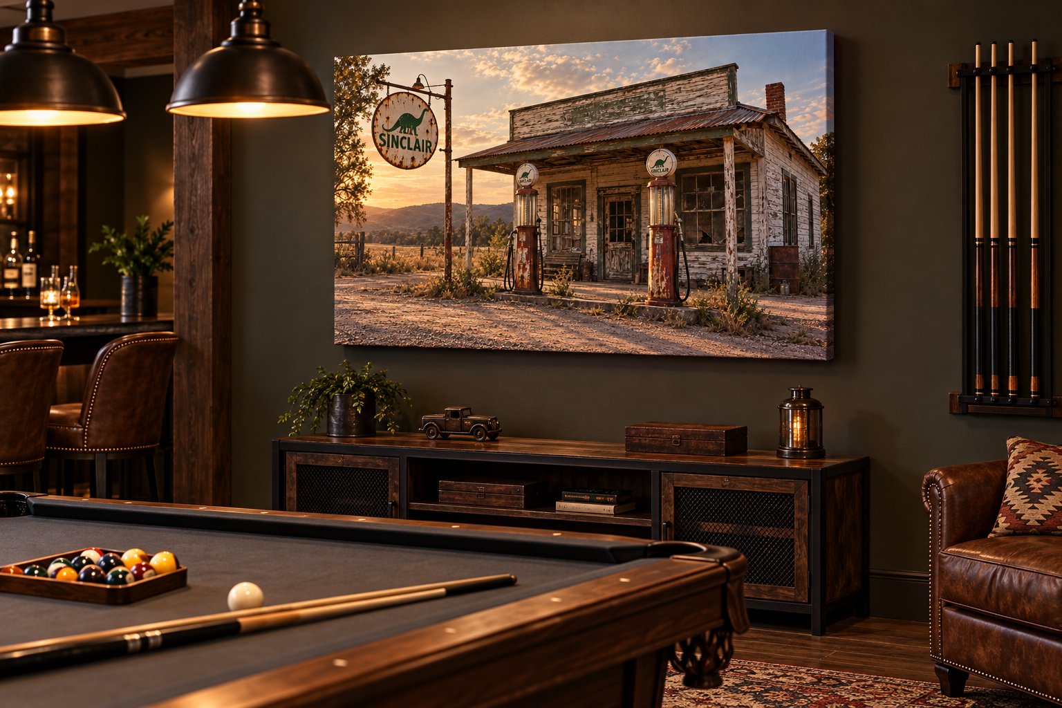Sinclair Service Station canvas in a game room with a pool table