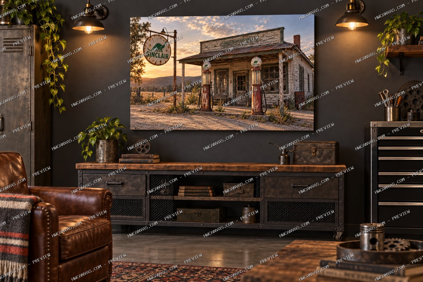 Sinclair Service Station canvas in a vintage garage lounge