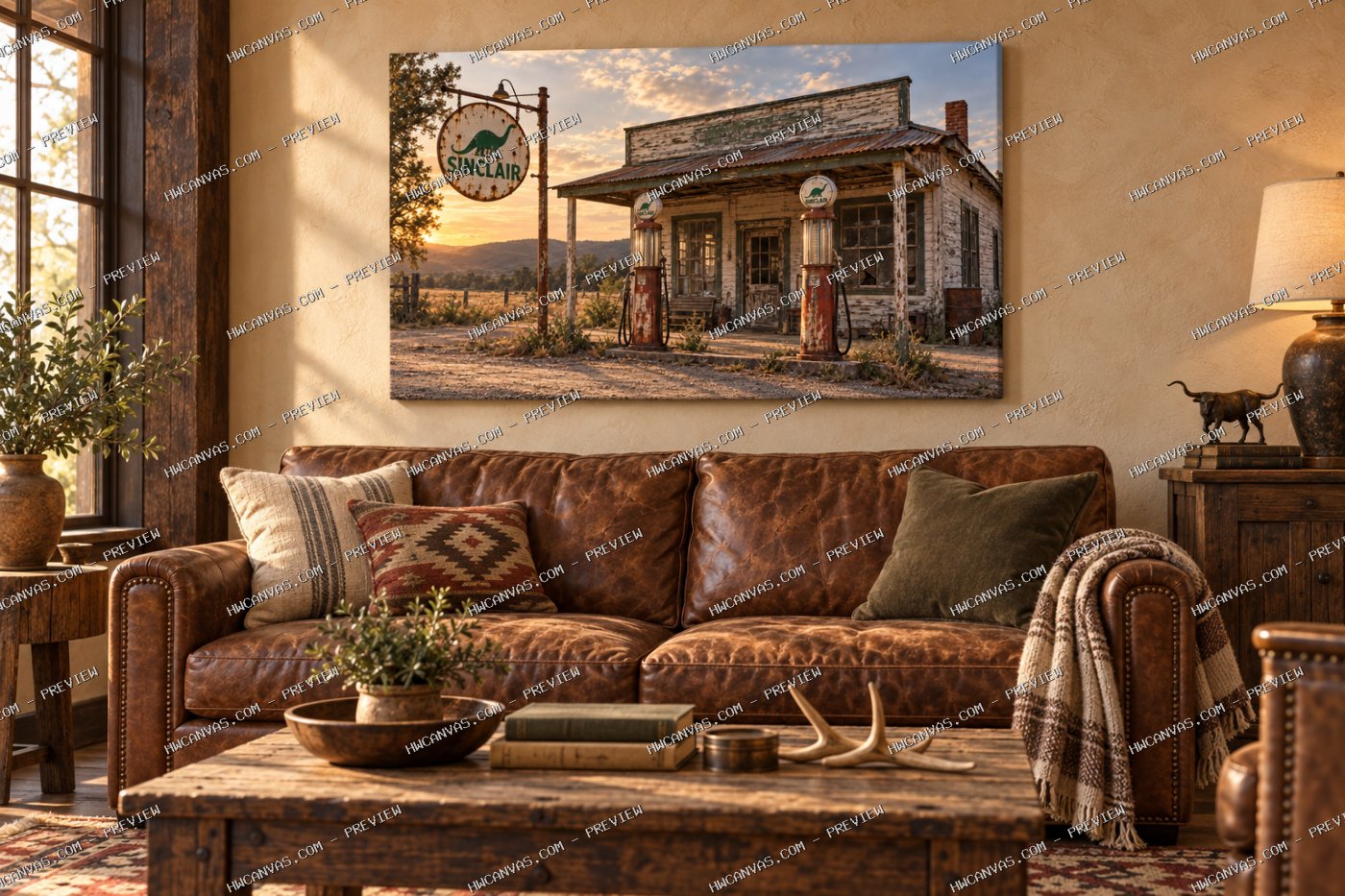 Sinclair Service Station canvas in a rustic living room